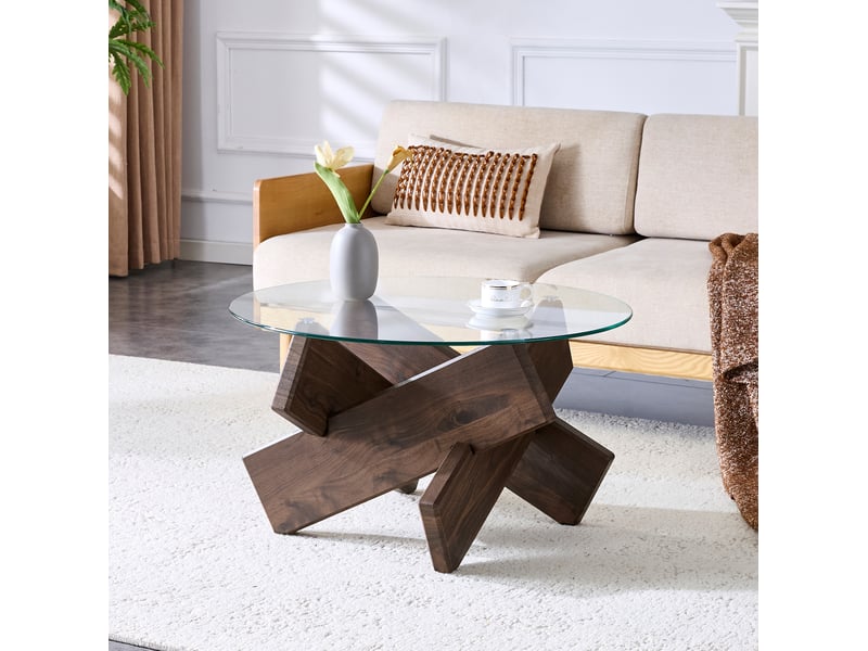 Table basse ulevr ronde 79 cm avec plateau en verre de 0,8 cm, structure croisée, mdf finition noyer, hauteur 45 cm, transparent et noyer - Conforama B