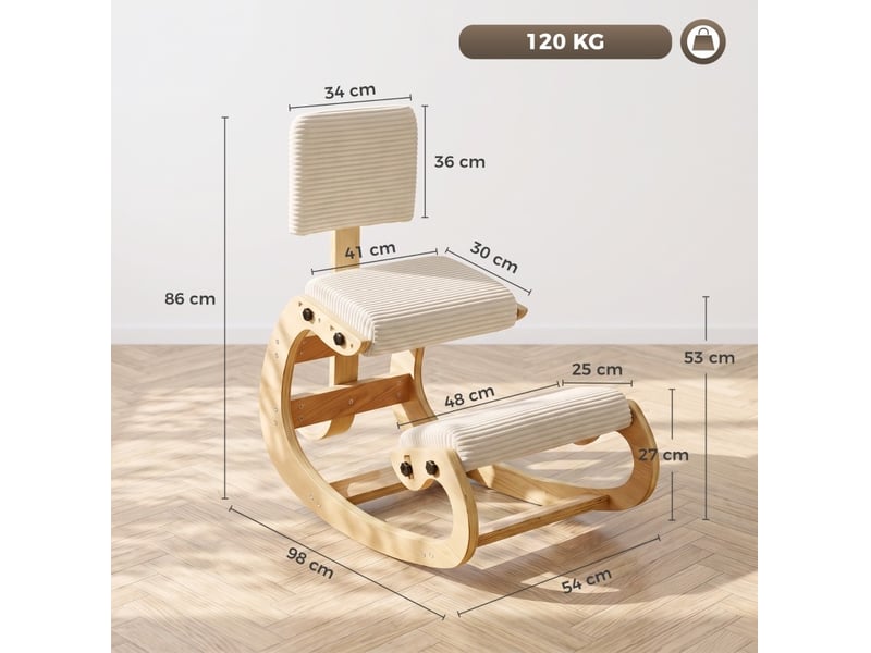  Chaise à genoux avec dossier et fonction bascule douce, revêtement en velours côtelé blanc crème  - Conforama B