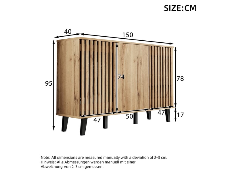  Meuble tv 3 portes en panneaux de particules bois naturel et pieds noirs 150 x 40 x 95 cm  - Conforama E