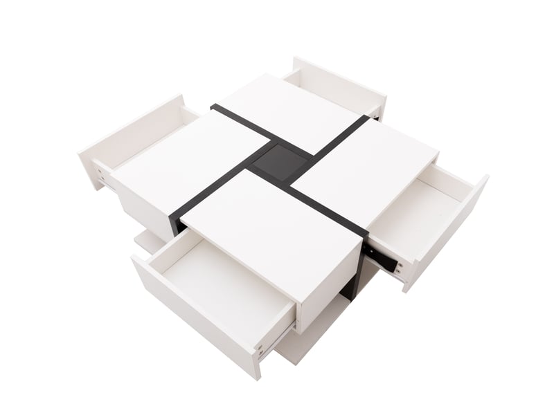  Table basse, avec 4 tiroirs, 78 x 78 x h 36 cm, blanc et noir, rangement pratique, structure en panneau de particules, pour votre salon et séjour Luxe haut de gamme - Conforama A