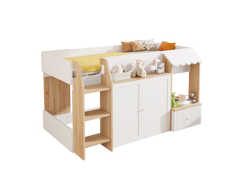  Lit cabane mi-hauteur enfant 90x200 cm avec rangement ouvert et échelle bois blanc et bois sans matelas  - Conforama A