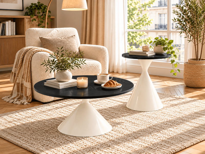  Tables basses gigognes 2 pièces empilables pour salon en métal et mélaminé ø70×40 et ø50×50 cm noir  - Conforama B