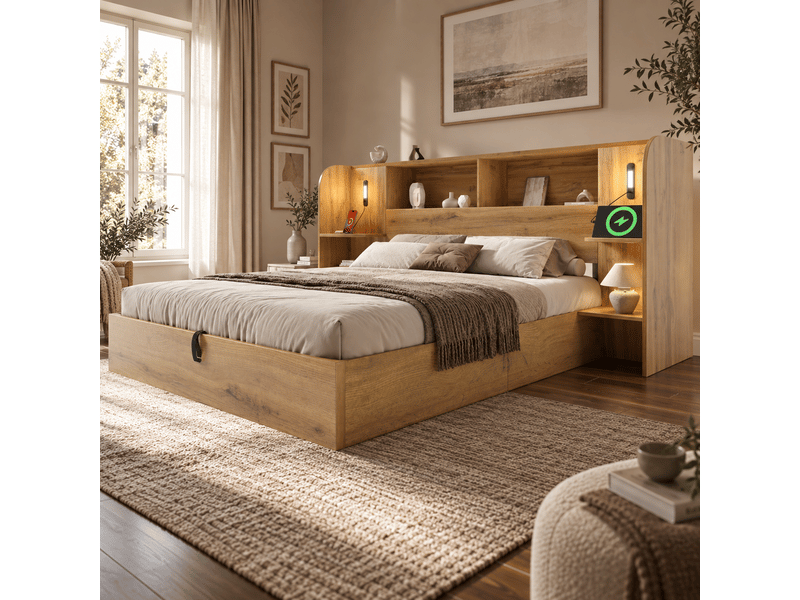  Lit coffre 180 x 200 cm, relevage hydraulique, étagères, liseuses led tactiles, usb-ausb-c, sommier inclus, en mdf, sans matelas, décor chêne Luxe haut de gamme - Conforama D