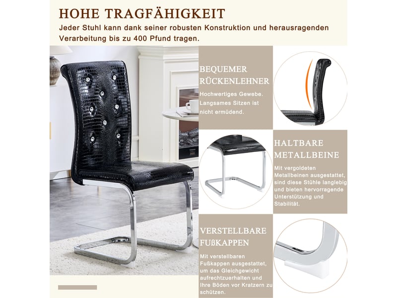 Lot de 2 chaises de salle à manger noires, simili effet crocodile, pieds chromés - Conforama E