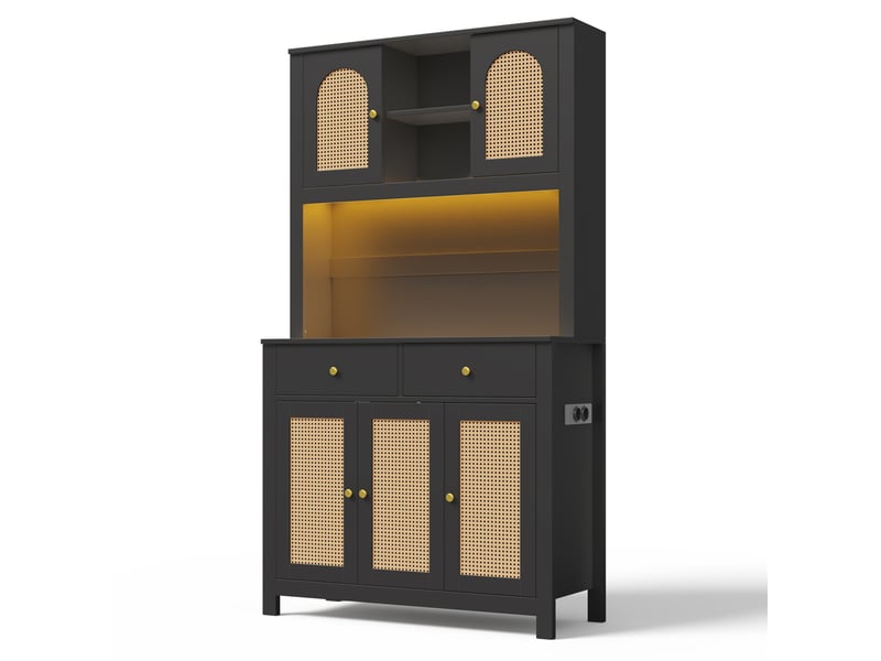  Buffet haut de cuisine led avec prises, 5 portes et 2 tiroirs 100x40x180 cm noir  - Conforama E