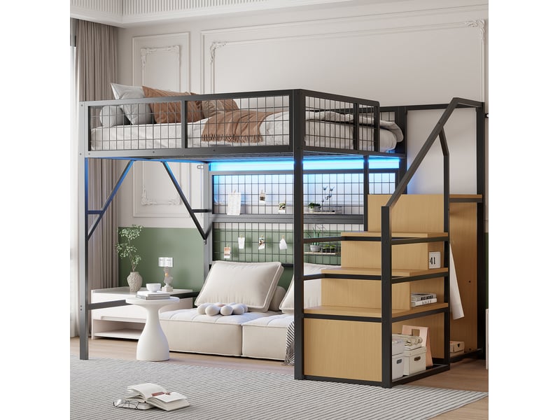  Lit mezzanine 140x200 cm en métal avec bandeau led piloté par application, noir  - Conforama E