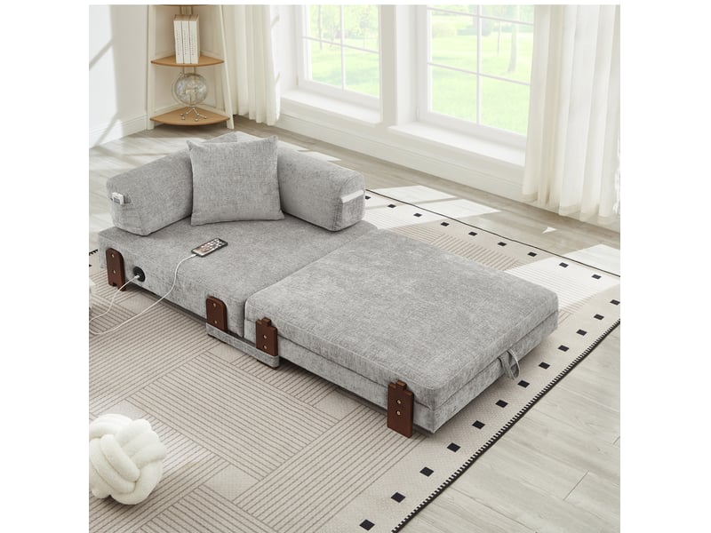  Canapé convertible pliant 2 places avec fonction couchage, coffre, ports usb-c et poches latérales en tissu gris clair  - Conforama C