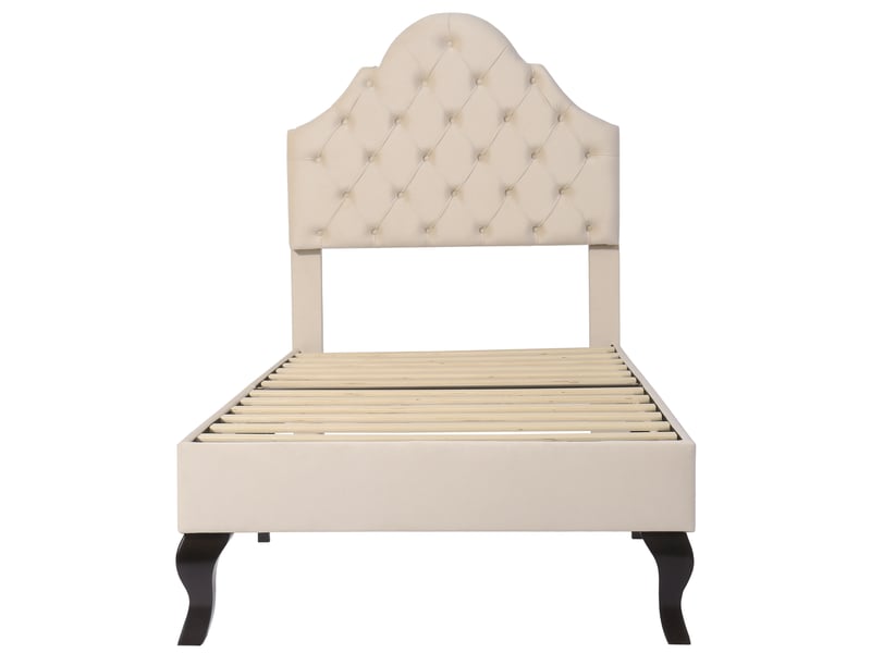  Lit rembourré 90 x 200 cm avec sommier à lattes et tête de lit réglable en hauteur, lit enfant, lit simple, sommier à lattes en bois, montage facile, velours, beige  - Conforama D