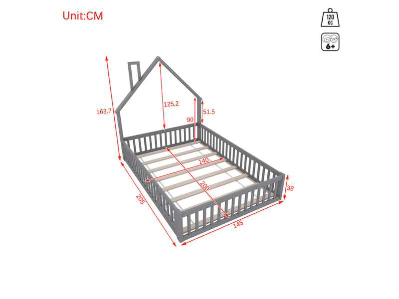  Lit enfant 140 × 200 cm 2 places avec barrières de sécurité, sans matelas, en pin et mdf, gris  - Conforama D