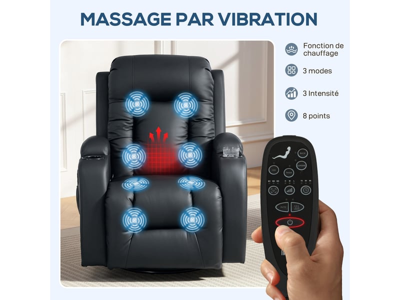  Fauteuil de relaxation massant et chauffant pivotant en pu noir 82x99x103 cm  - Conforama D