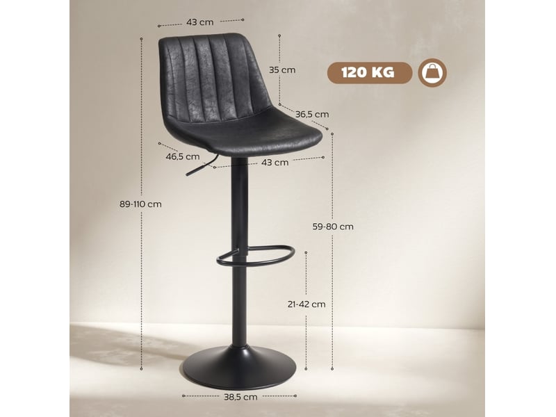  Lot de 2 tabourets de bar rétro avec dossier haut, réglables en hauteur et repose-pieds, en microfibre noir  - Conforama D