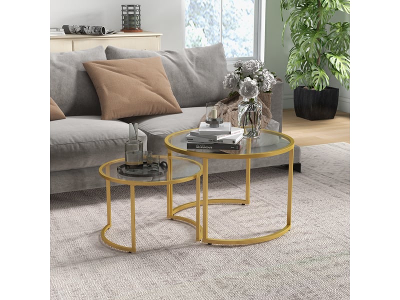  Lot de 2 tables basses gigognes rondes en verre trempé et acier au carbone pour salon gain de place T1003-01-08644 - Conforama D