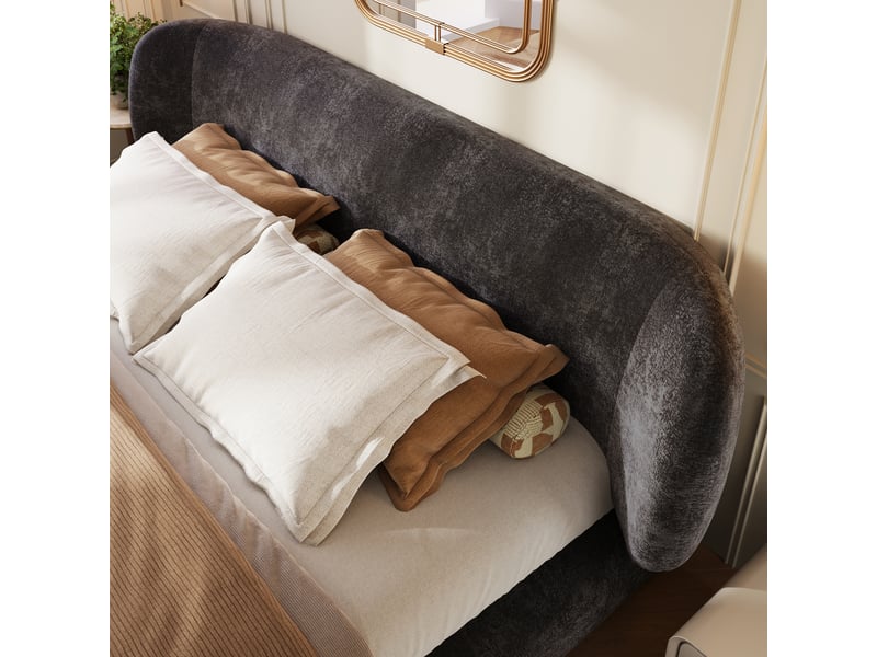  Lit rembourré en chenille gris 180x200 cm avec tête de lit arrondie Fay Lum - Conforama R