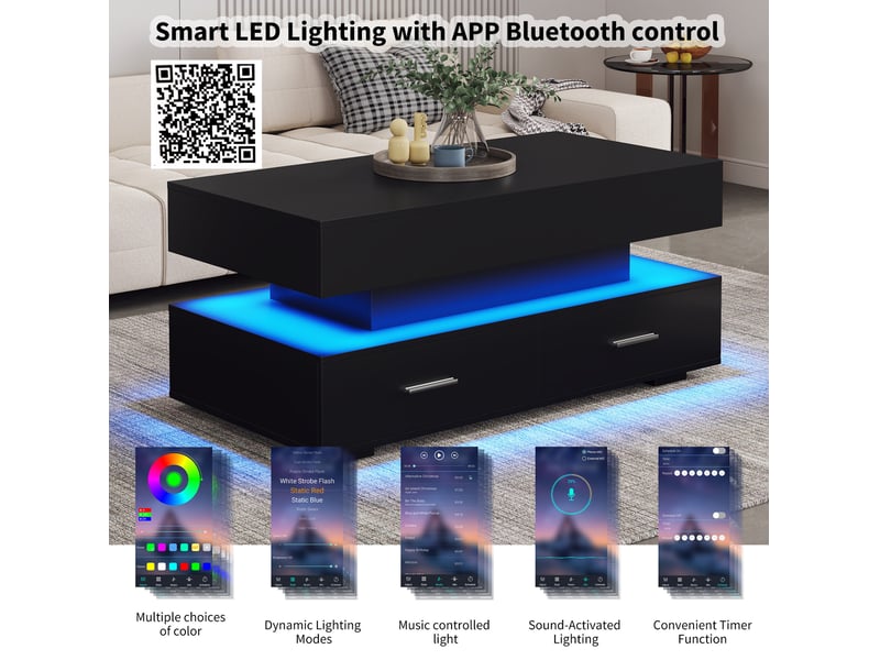  Table basse rectangulaire 100x50x44 cm avec 2 tiroirs, éclairage led, plateau relevable, rangement, salon, pb, noir  - Conforama E