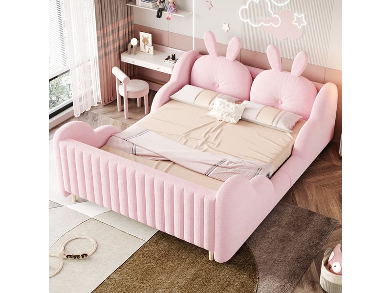  Lit capitonné en velours bouclette, 140 x 200 cm, lit enfant avec des coussins en forme de lapin, rose  - Conforama D