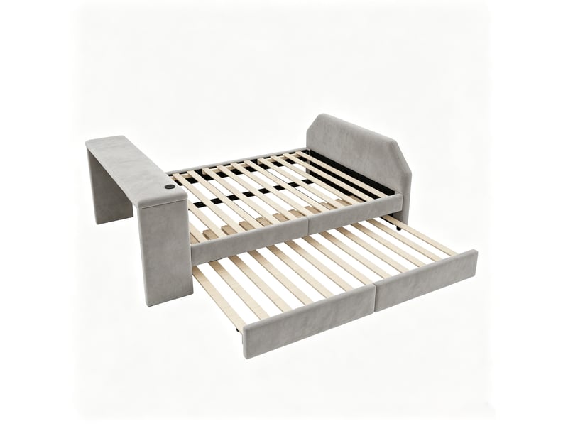  Lit simple enfant 140x200 cm gris tissu effet velours, bureau intégré, port usb et lit gigogne 90x200 cm  - Conforama D