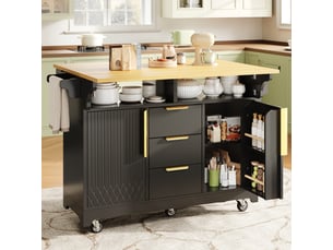 Îlot de cuisine mobile sur roulettes avec plateau extensible rabattable 120-197 cm – 3 tiroirs, rangement intégré et porte-serviettes, design rainuré - noir
