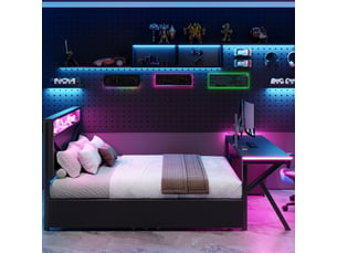 Lit adulte 140 × 200 cm 2 places avec tête de lit led, bureau led et 2 tiroirs, sans matelas, métal noir