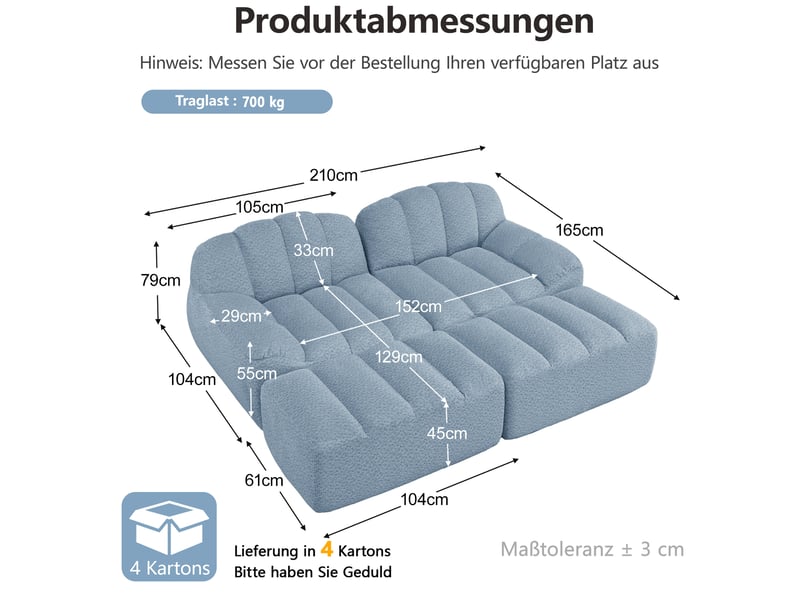  Canapé panoramique coquille 2 places, 2 poufs bleu – 210 x 165 x 79 cm Fay Lum - Conforama C
