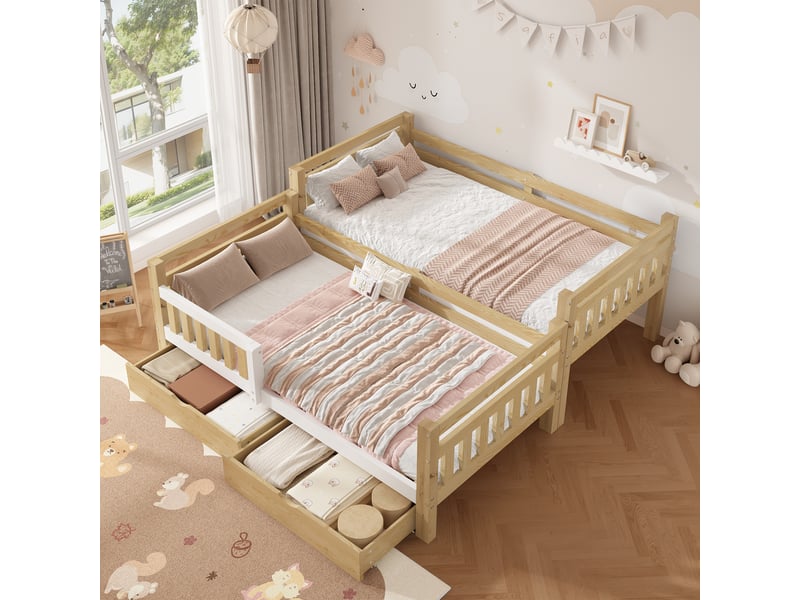  Lit superposé enfant 90 x 200 cm séparable en 2 lits simples avec échelle, garde-corps surélevé et 2 tiroirs, bois, blanc et naturel OMNIGLINT TRADING LTD - Conforama E