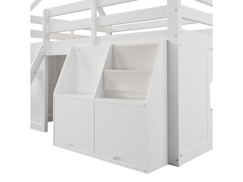  Lit mezzanine maison 140x200 cm équipé de led, d'espace de rangement et d'escalier, blanc, bois, sans matelas  - Conforama E