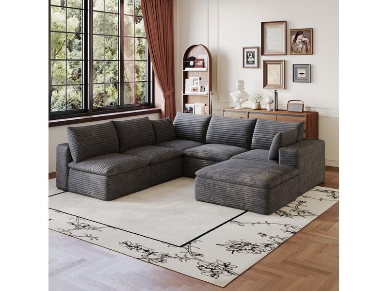 Canapé modulable tcqpz 260 x 250 cm 6 places en velours côtelé gris foncé double couche sans montage - Conforama B