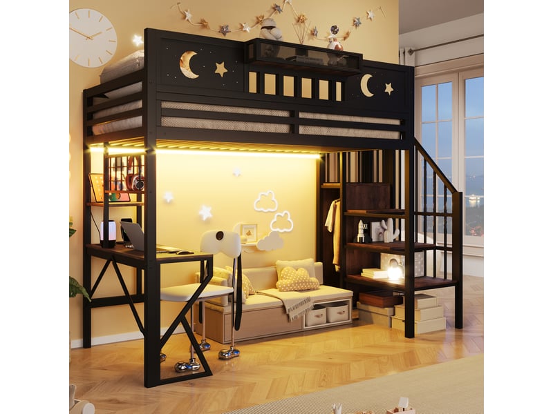  Lit mezzanine 90x200 cm, bureau avec usb, étagères et éclairage led, en métal, noir, sans matelas  - Conforama B