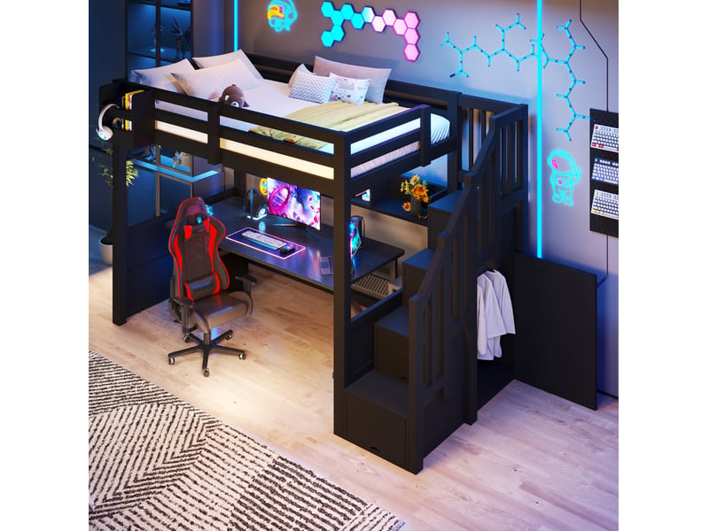  Lit mezzanine modenvie 90 x 200 cm avec escalier de rangement, éclairage led, rangements intégrés, noir  - Conforama E