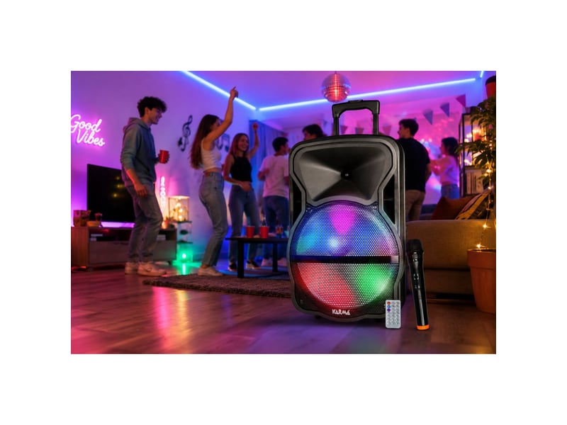 Enceinte amplifiée 600w pmpo karma deep-12 avec microphone sans fil vhf usb bluetooth tws, enregistrement, boomer led rvb - Conforama E