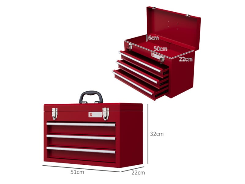  Caisse à outils vide en acier rouge 51 × 22 × 32 cm, 3 tiroirs, coffre supérieur, poignée et serrure  - Conforama D