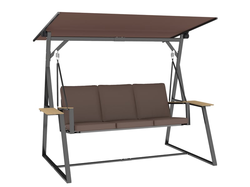 Balancelle de jardin 3 places, toit orientable 60° uv50+, structure metallique 360 kg, bacs lateraux, coussins rembourres, 222 x 131 x 175 cm - Conforama A