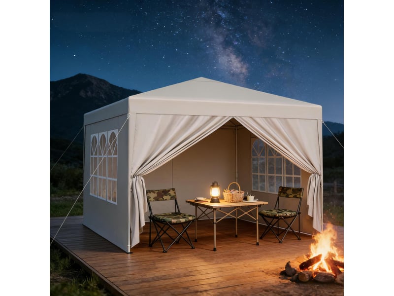  Tonnelle pliante de jardin 300x300 cm beige en tissu oxford, avec parois latérales et 2 portes zippées  - Conforama E