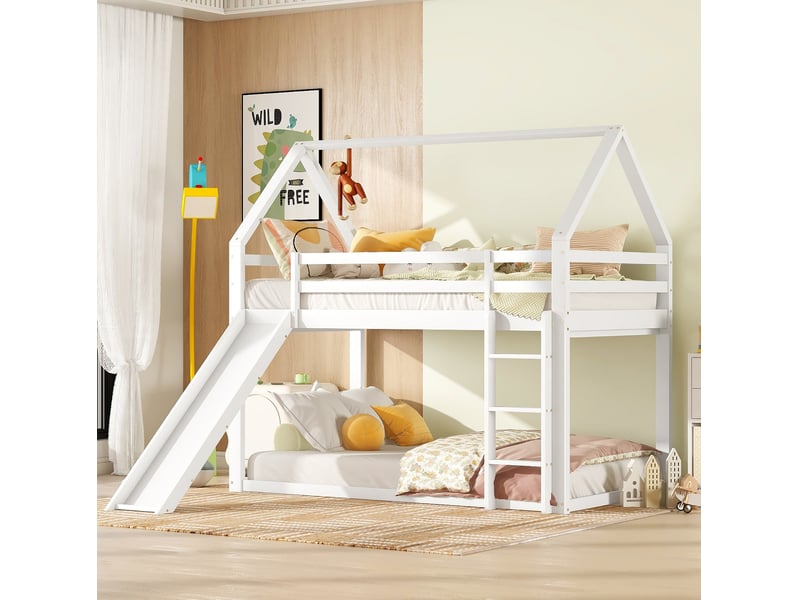  Lit superposé enfant maison 90x200 cm, toboggan et échelle, bois coloris blanc, sans matelas  - Conforama D