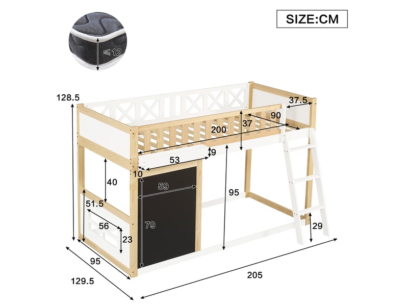 Modenvie lit mezzanine enfant 90x200 cm - avec tableau, rangement et echelle inclinee - bicolore  - Conforama C