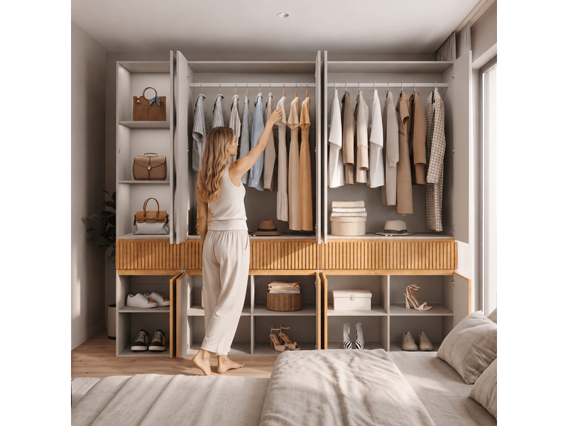  Armoire penderie 10 portes chêne clair 225x50x200 cm - 3 tiroirs 2 tringles rangement chambre  - Conforama W