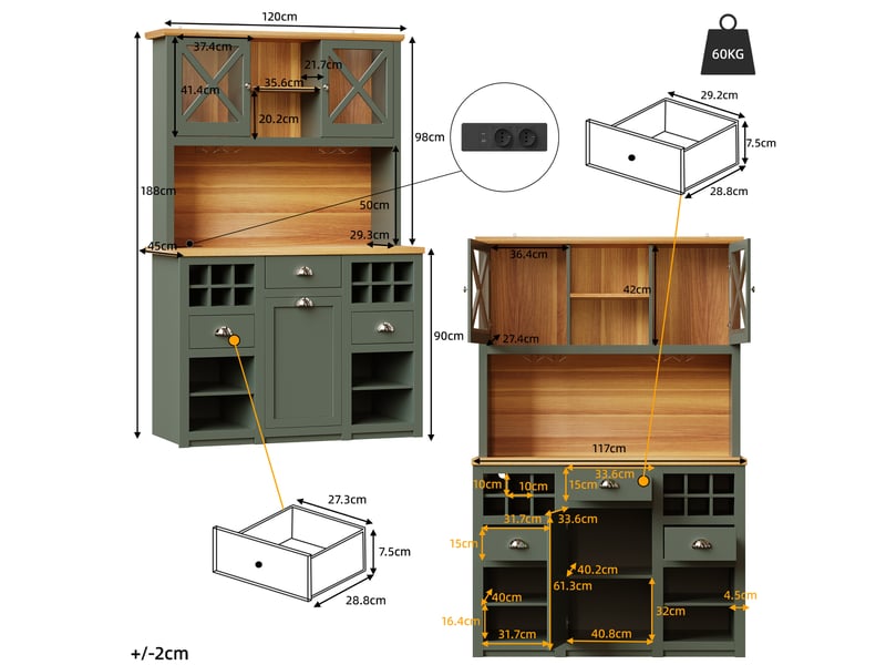  Buffet de cuisine 120x45x188 cm – vert antique – portes vitrées, led, rangements modulables, prises intégrées  - Conforama C