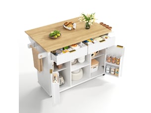 Desserte de cuisine 143 cm sur roulettes avec plan rabattable, 2 tiroirs et 2 portes, blanc et naturel