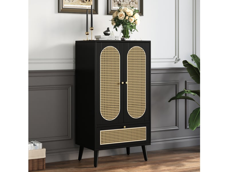  Buffet haut 2 portes et 1 tiroir, 60 cm, noir et rotin evryae  - Conforama D
