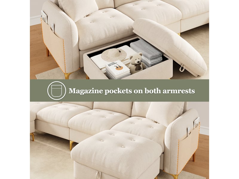  Canapé droit 4 places, canapé d'angle modulaire en u avec 2 poufs à rangement et 2 coussins déco, chenille beige  - Conforama D