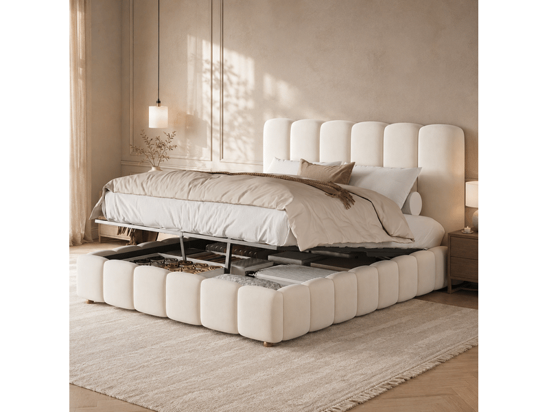  Lit double 140 × 190 cm avec coffre hydraulique, sommier à lattes et tête de lit en velours beige pour chambre  - Conforama B
