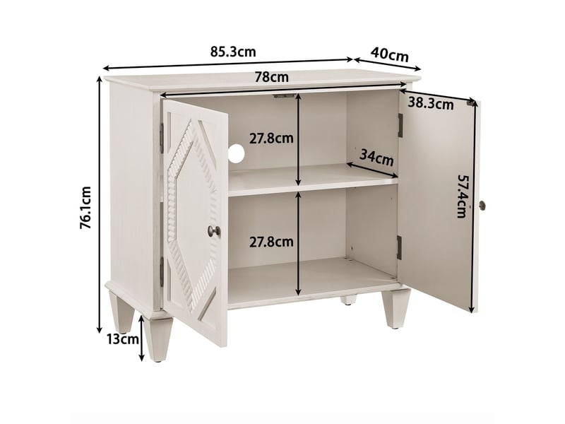 Buffet 33,6 rangement intégré vitrines symétriques accents géométriques bois blanc antique console multimédia - Conforama C