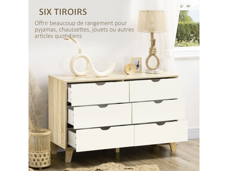  Commode 6 tiroirs style scandinave, chêne et beige, meuble de rangement - dim. 120l x 40p x 76h cm  - Conforama E