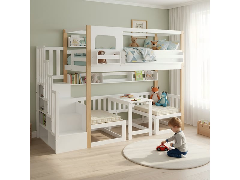  Lit superposé enfant 90 x 200 cm, bureau rabattable, escalier de rangement blanc naturel  - Conforama D