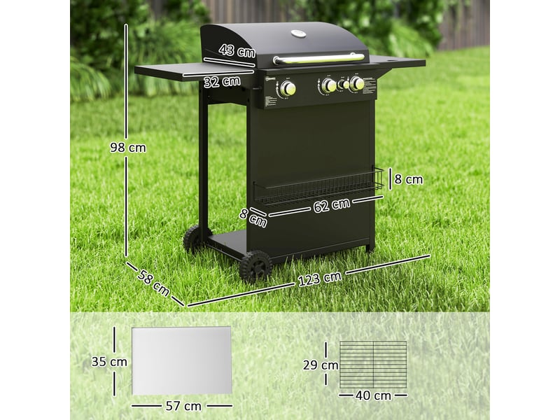  Barbecue gaz 3+1 brûleurs en acier, puissance 9,5 kw, barbecue de jardin 2 grilles étagères latérales, 2 roues, noir  - Conforama E