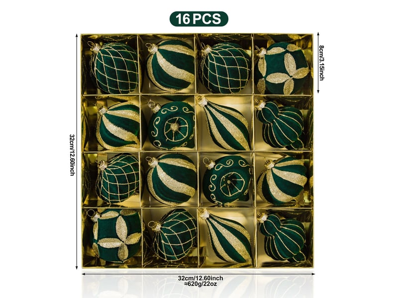  Lot de 16 boules de noël velours vert foncé, 8cm – paillettes dorées, décoration pour sapin et fêtes  - Conforama B