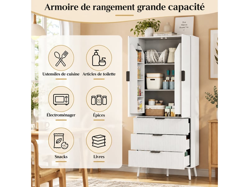  Buffet haut cuisine,2 portes battantes + 3 tiroirs,meuble de rangement ,décor blanc  - Conforama E