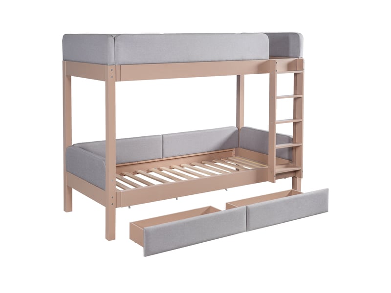  Lit superposé pour enfant, bords en mousse anti-choc, escalier droit à quatre marches, deux tiroirs, sommier à lattes robuste, bois d'hévéa et mdf, gris et naturel, 90 x 200 cm  - Conforama E