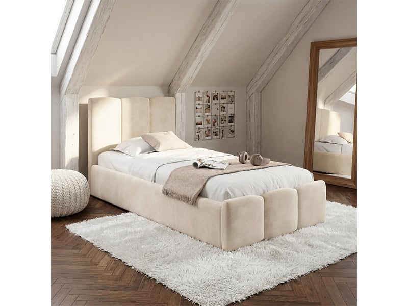  Lit coffre simple nuage avec tête de lit matelassée et sommier 90 x 190 cm velours beige  - Conforama C