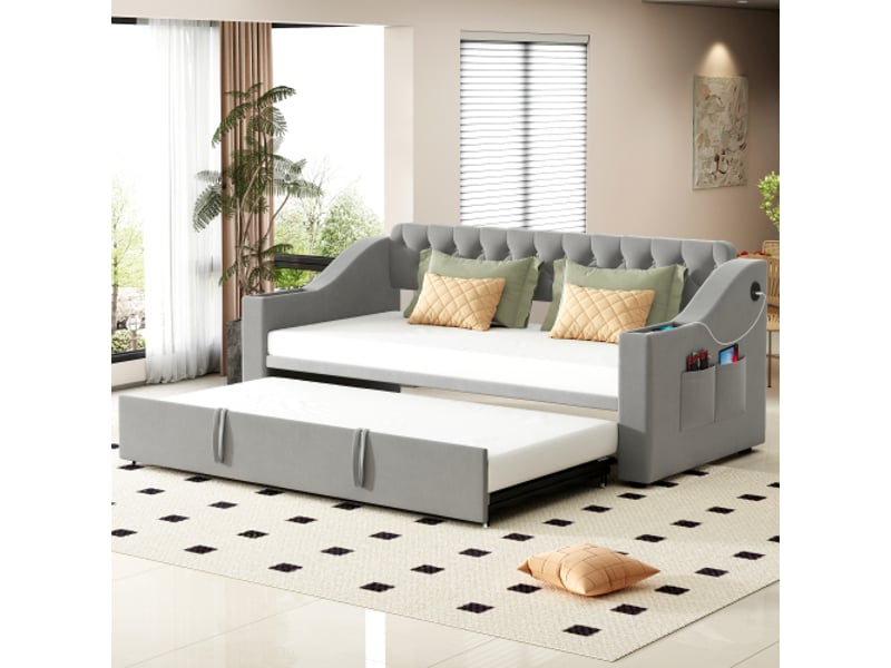  Lit gigogne 90x200 cm, lit enfant avec prise usb, accoudoirs et sommier à lattes, tissu en velours gris, sans matelas  - Conforama C