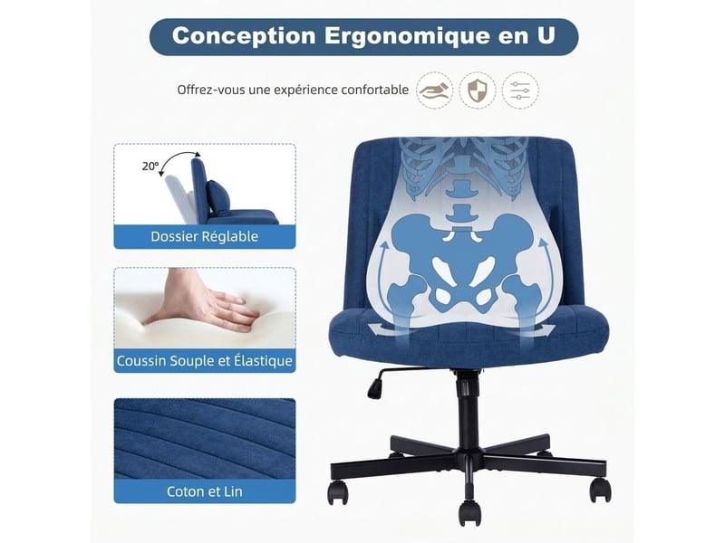 Chaise de bureau pivotante en tissu réglable en hauteur sans accoudoirs à roulettes silencieuses - Conforama C